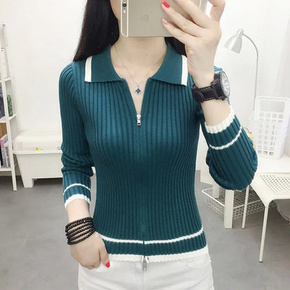 Autumn Spring Style Knitted Pullover Tops Lady Zipper V-neck Knitted Pullover Sweater Zz0972
