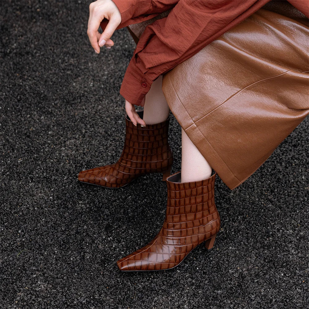 Stone Pattern Leather High Heels Autumn Winter Short Shoes Office Lady Party Dancing Shoes Ankle Boots