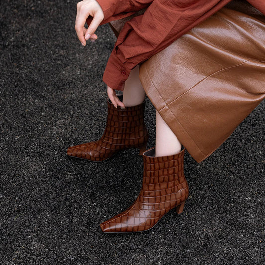 Stone Pattern Leather High Heels Autumn Winter Short Shoes Office Lady Party Dancing Shoes Ankle Boots
