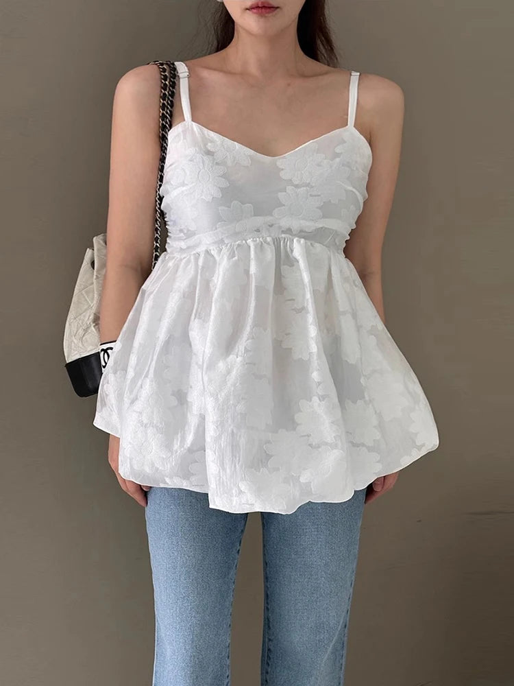 3d Embroidered Jacquard Tank Top Strap Summer New Style Unique Design Lotus Leaf Edge Puff Blouse Top