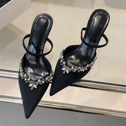 Spring Summer Pointed Toe Slippers Crystal Thin Heels Party Dress Mule Shoes