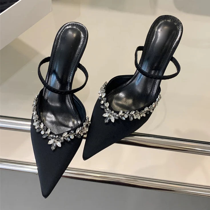 Spring Summer Pointed Toe Slippers Crystal Thin Heels Party Dress Mule Shoes