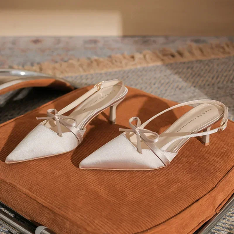 Satin Pointed Toe High Heels Bow Design Cover Toe Fine Heel 6cm Sandals Back Strap Party Dress Shoes