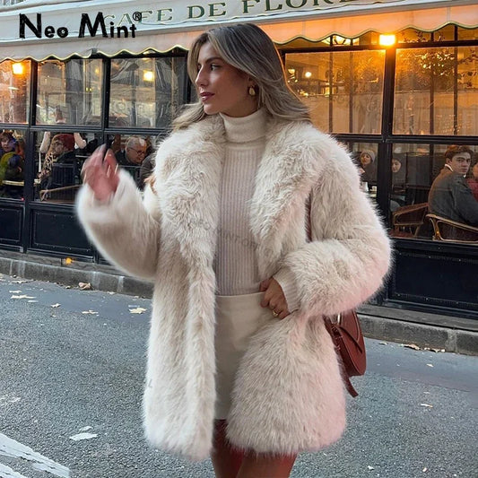 Lapels Faux Fur Coat Winter Brand Designer Fluffy Fox Fur Jacket Furry Overcoats Girl Stylish Long Outerwear