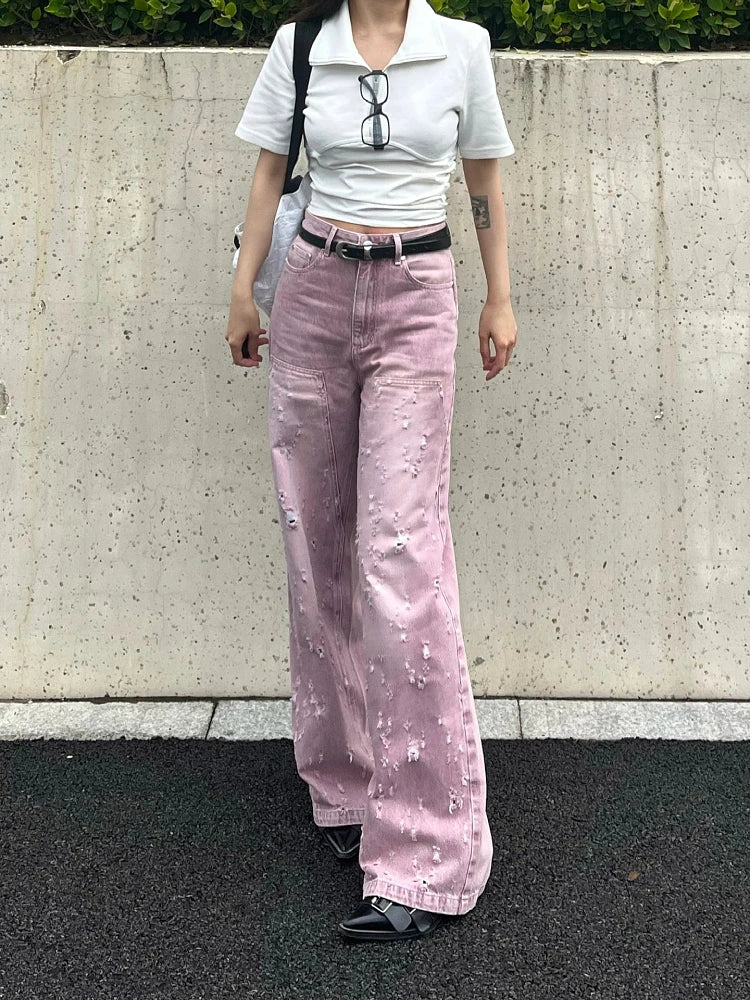 Woman Jeans Denim Pants French Elegance Baddie Gyaru High Street Ins Sweet Korean New Design Ripped Hole Color Loose