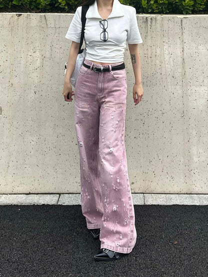 Woman Jeans Denim Pants French Elegance Baddie Gyaru High Street Ins Sweet Korean New Design Ripped Hole Color Loose