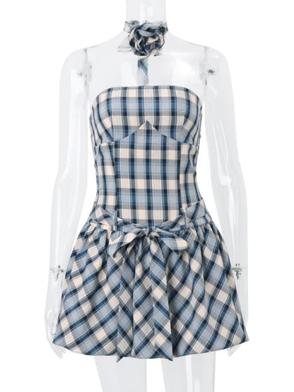 Retro Tube Top Plaid Print Strap Bud Dress for Folds Hem Splice Mini Dress Sweet Party Dress Female