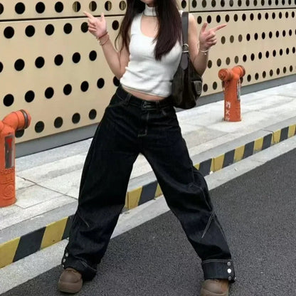 Flap Buttons Loose All Match Jeans Spring New High Waist Denim Wide Leg Pants
