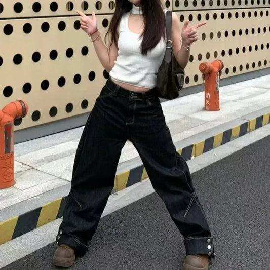 Flap Buttons Loose All Match Jeans Spring New High Waist Denim Wide Leg Pants