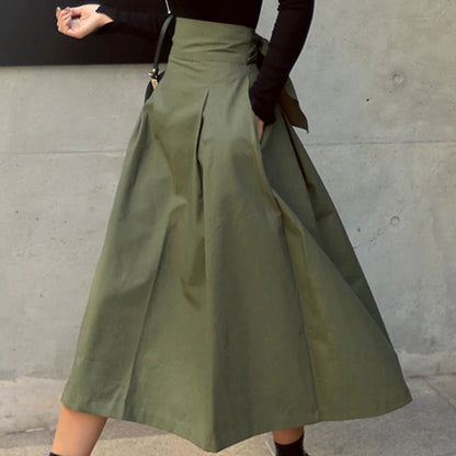 New Autumn Black Skirts Korean Color Big Swing Female Skirt Long Skirt Wild High Waist Bow Slim Skirts