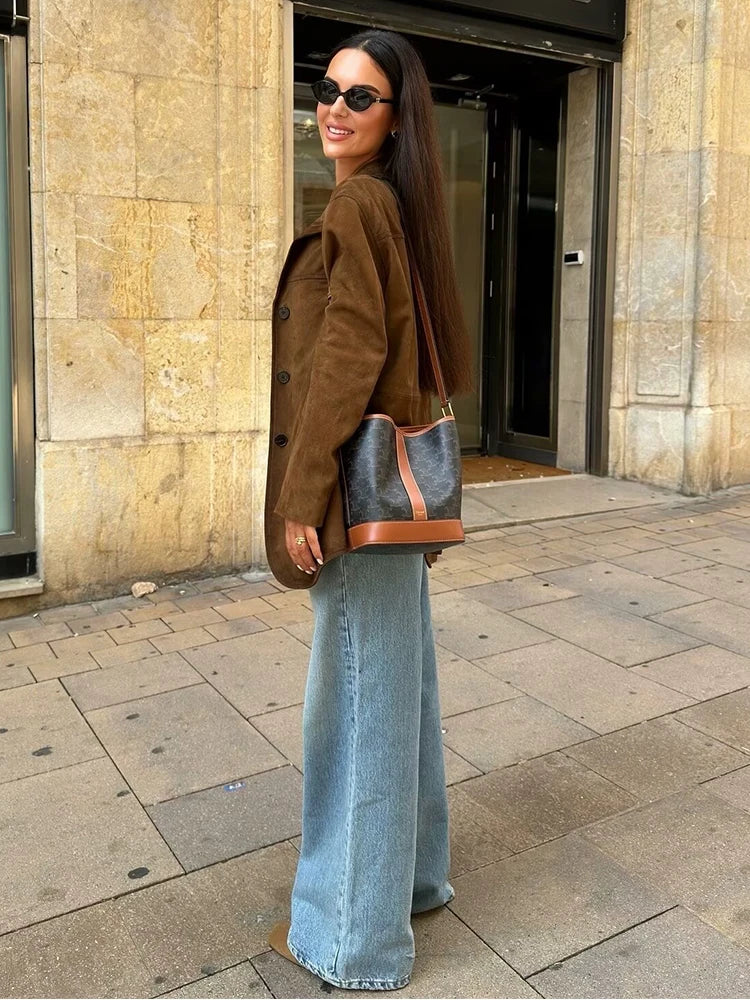 Turn Down Collar Brown Autumn Jacket for Single Breasted Long Coat Jacket Female Winter Jacket Back Slit