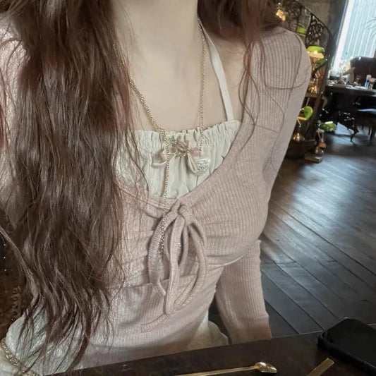 Kawaii Sweet Y2k Crop Tops Woman Slim Long Sleeve Blouse Korean Bodycon Pullover Office Lady