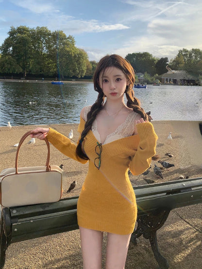 Autumn Winter Vneck Knitted Dress Set Longsleeved Lace Vest Party French Sweater Lady Dress