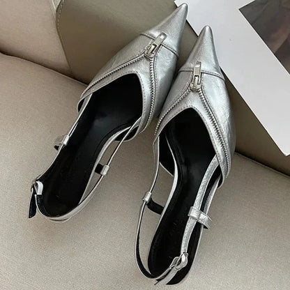 Pointed Toe Mules Pump Zip Design Slingbacks High Heels Female Footwear Summer Brand Shoes