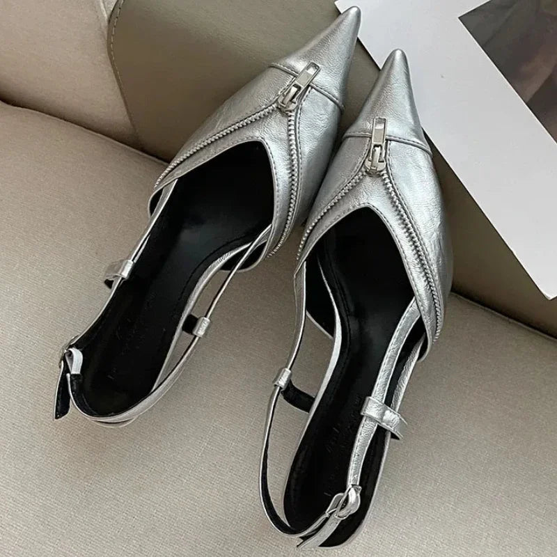 Pointed Toe Mules Pump Zip Design Slingbacks High Heels Female Footwear Summer Brand Shoes