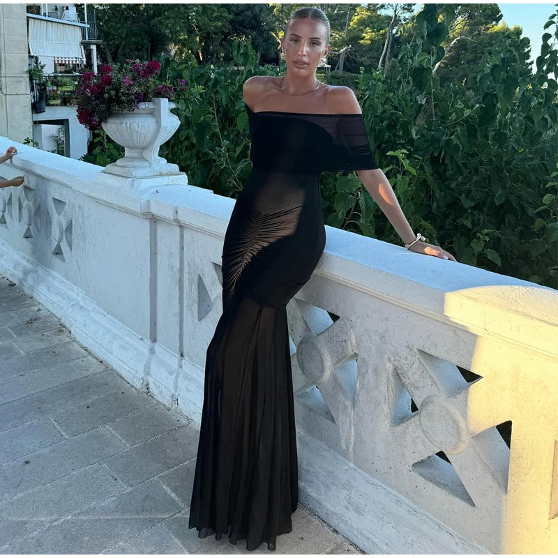 Patchwork Mesh Off Shoulder Midi Dress