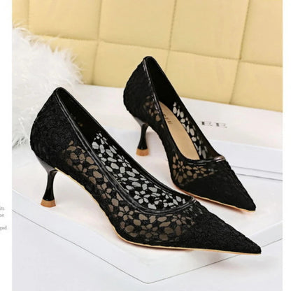 Summer Shoes Banquet Shoes Fine Heel High Heel Pointed Headed Mesh Hollow Lace Shoes