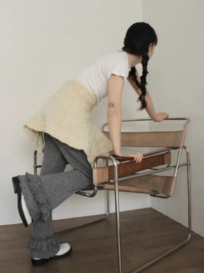 Simple Pit Strip Ruched Knitted Trousers Autumn High Waist Slim Fit Pants Y2k Grunge Loose Ruffles Wide Leg