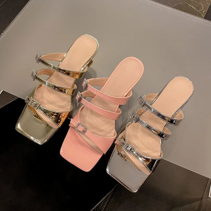 Design Slippers Summer Buckles High Heels Sandals Party Office Genuine Leather Pumps Shoes Woman