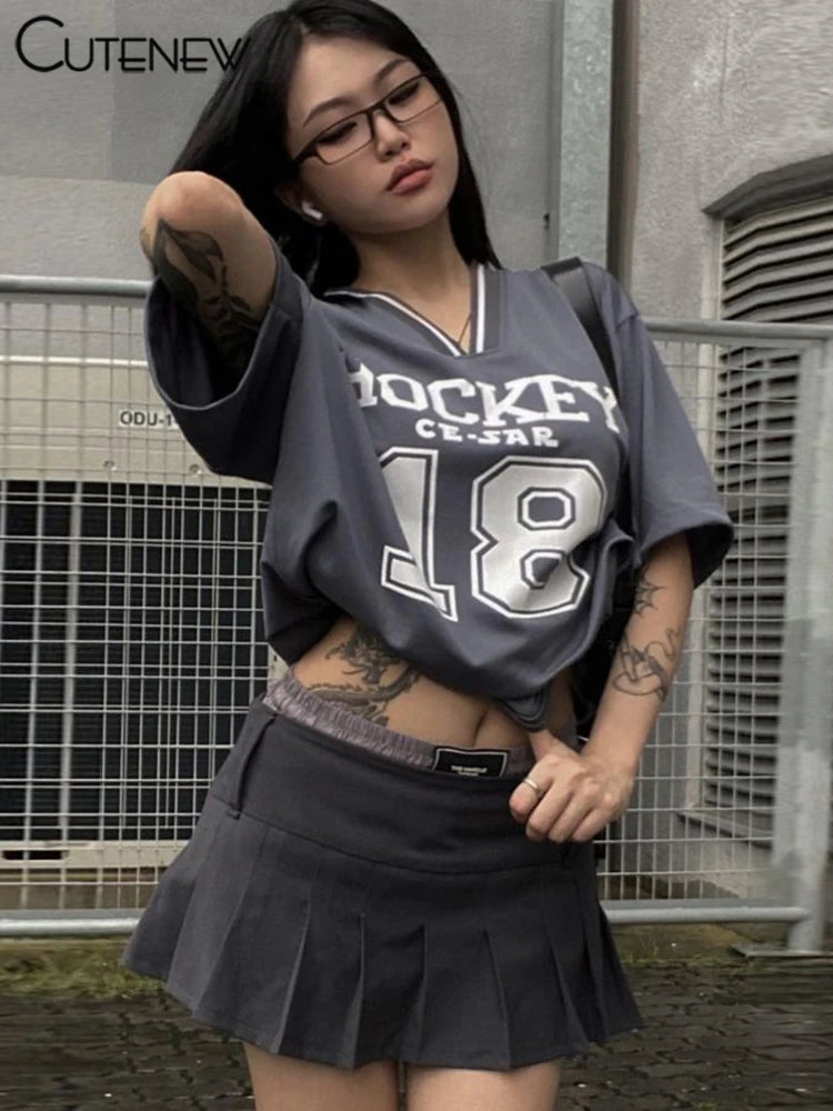 Basic Wild T-shirts Summer Summer New Short Sleeve V-neck Loose Tees Printed Basic Female Street Sporty Top