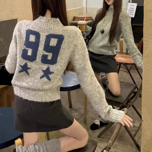 Half High Neck All Match Long Sleeve Sweater Spring New Contrast Color Digital Embroidery Tops