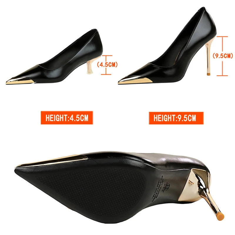Shoes Retro High Heels Metal Pointed Tip Pumps Stiletto 9.5 Cm and 4.5cm Heels Party Shoes Office Shoes