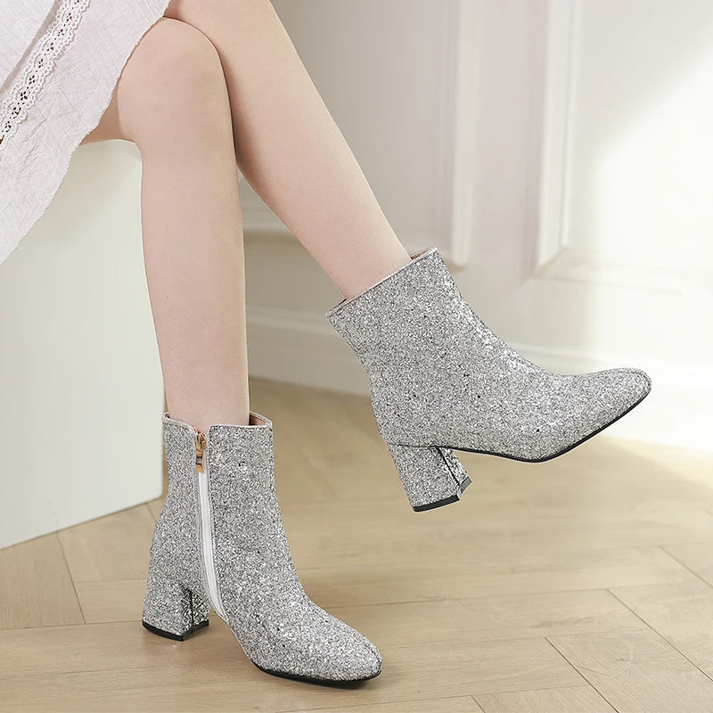 Big Size 48 49 50 Gold Silver Blue Sequined Cloth Glitter Winter Shoes Chunky High Heels Bling Party Ankle Chelsea Boots