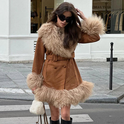 Furry Faux Fur Patchwork Coats Winter Long Sleeve Lapel Female Loose Jacket Pockets Thick Warm Lady Outwear