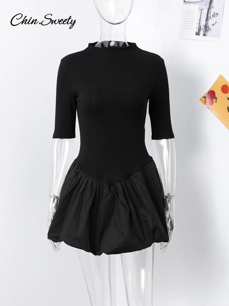 Knitted Patchwork Brown A-line Dress O-neck Short Sleeves Pleated Ruffles Mini Dresses Lady Vestidos