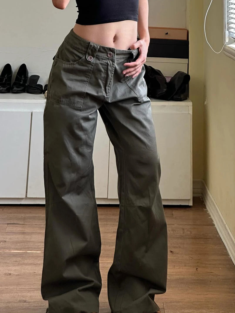 Sweetown Retro Green Low Rise Straight Jeans Woman Y2k Denim Trousers Pockets Cargo Jean Pants
