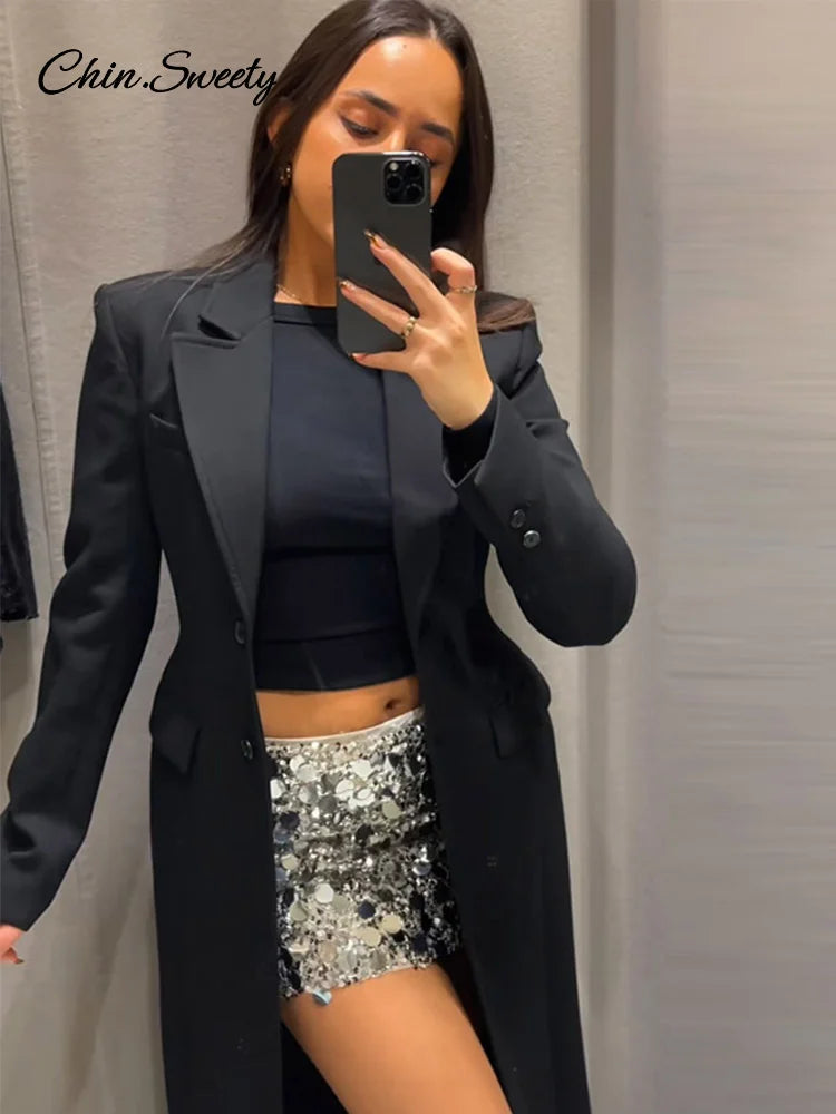 Lapel Black Long Overcoat Slim High Waist Full Sleeve Single Breasted Shoulder Pad Coat New Spring Commute Outwear