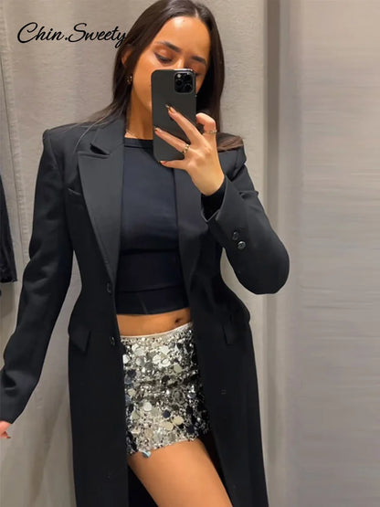 Lapel Black Long Overcoat Slim High Waist Full Sleeve Single Breasted Shoulder Pad Coat New Spring Commute Outwear