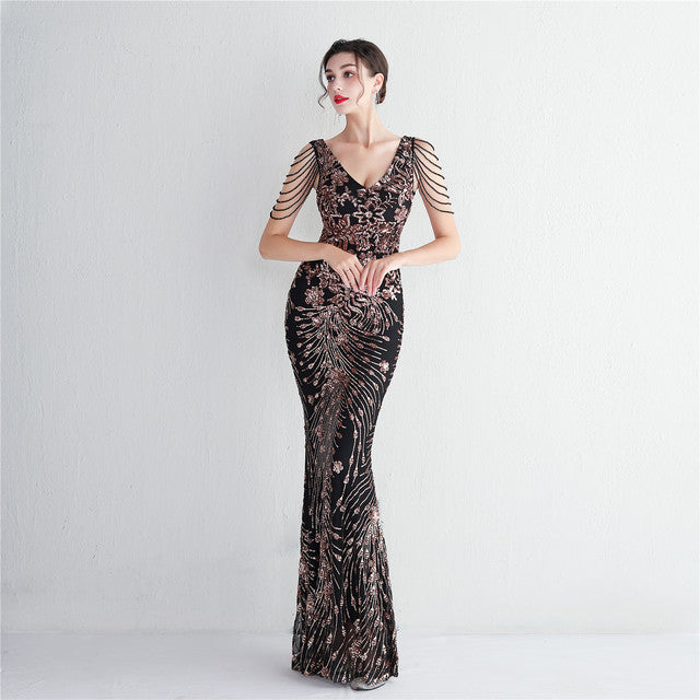 V-neck Sleeveless Dress With Stones and Crystals Sequins Tassel Party Dresses High Waisted Long Dress