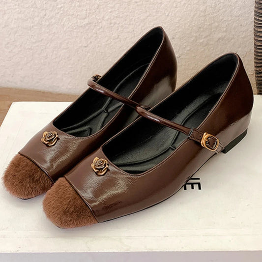 Simple Flower Mary Jane Shoes Spring New Round Head One Strap Metal Buckle Office Square Heel Flat Shoes