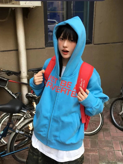 Y2k Letter Print Hoodies Sweatshirt Korean Cotton Zipper Loose Jacket New Harajuku Tops