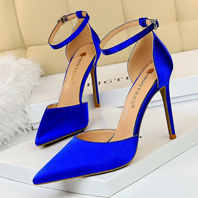Shoes Satin With Shallow Pointed Pumps Buckle High Heels Female Shoes Stiletto Heels Sandals Party Shoes