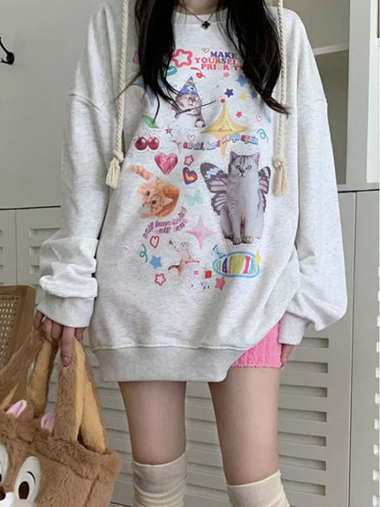 Kawaii Cat Print Hoodie Cutecore Long Sleeve Sweatshirt American Retro Egirl Kitten Angel Graphic Alt Clothes Y2k