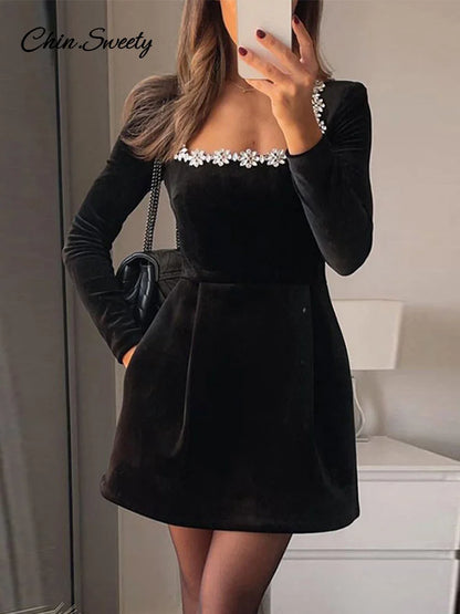 Rhinestone Decor Velvet Mini Dress Black Square Neck Long Sleeve High Waist A-line Dresses Lady Evening Party Gown