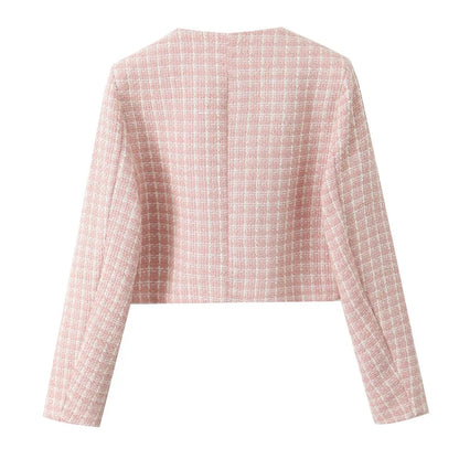 2 Pieces 1 Set French Style Retro Pink Plaid Woven Tweed Blazer + High Waist Mini Shorts Pants Suits