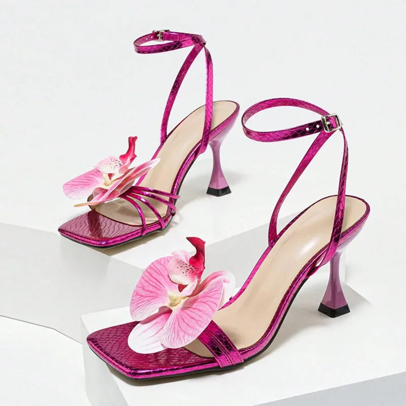 Flowers Square Toe Open Toe High Heel Brand Design Narrow Band Party Thin High Sandals Summer Stripper Shoes