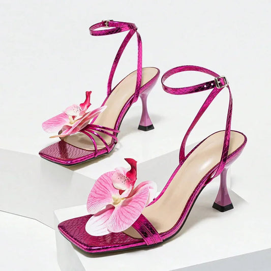 Flowers Square Toe Open Toe High Heel Brand Design Narrow Band Party Thin High Sandals Summer Stripper Shoes