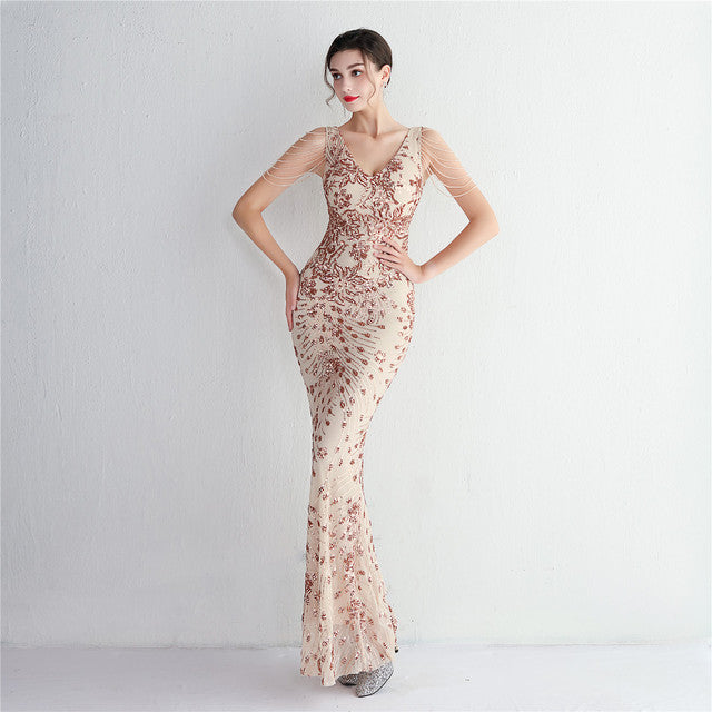 V-neck Sleeveless Dress With Stones and Crystals Sequins Tassel Party Dresses High Waisted Long Dress