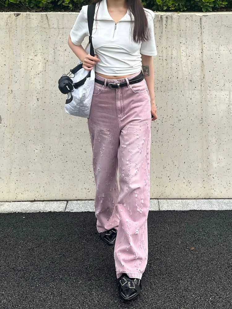 Woman Jeans Denim Pants French Elegance Baddie Gyaru High Street Ins Sweet Korean New Design Ripped Hole Color Loose