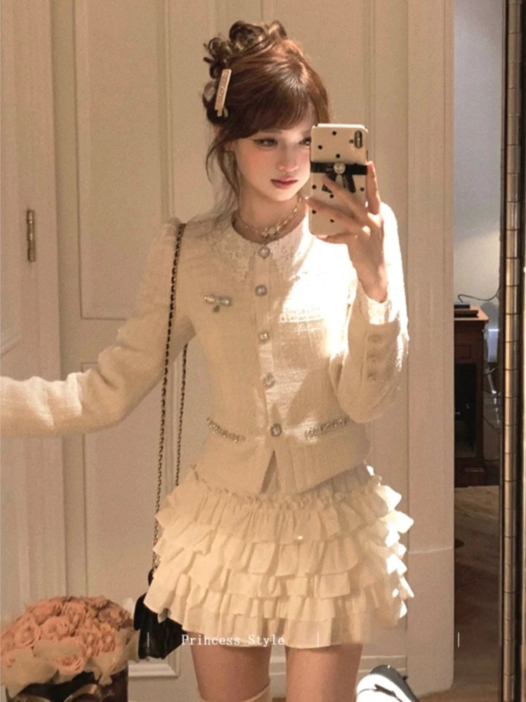 French 2-piece Set Tweed Lace Patchwork Single Breasted Coat Ruffles Cake Mini Skirt Korean Autumn Outfits New