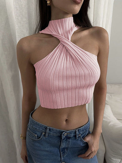 Knit Sweater Pullover Ribbed Twist Off-shoulder Slim Summer Patchwork High Waist Tank Top Knitwear Female Y2k Top