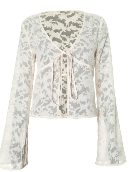 Lace Printed See-through T-shirt Cardigan Top Female Lace-up Patchwork Cropped Y2k Top Tee ’s Bandage Top