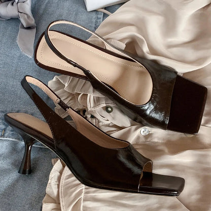 Genuine Leather Thin High Heel Square Toe Slipon Sandals Evening Dress Pumps Heels Daily Shoes for