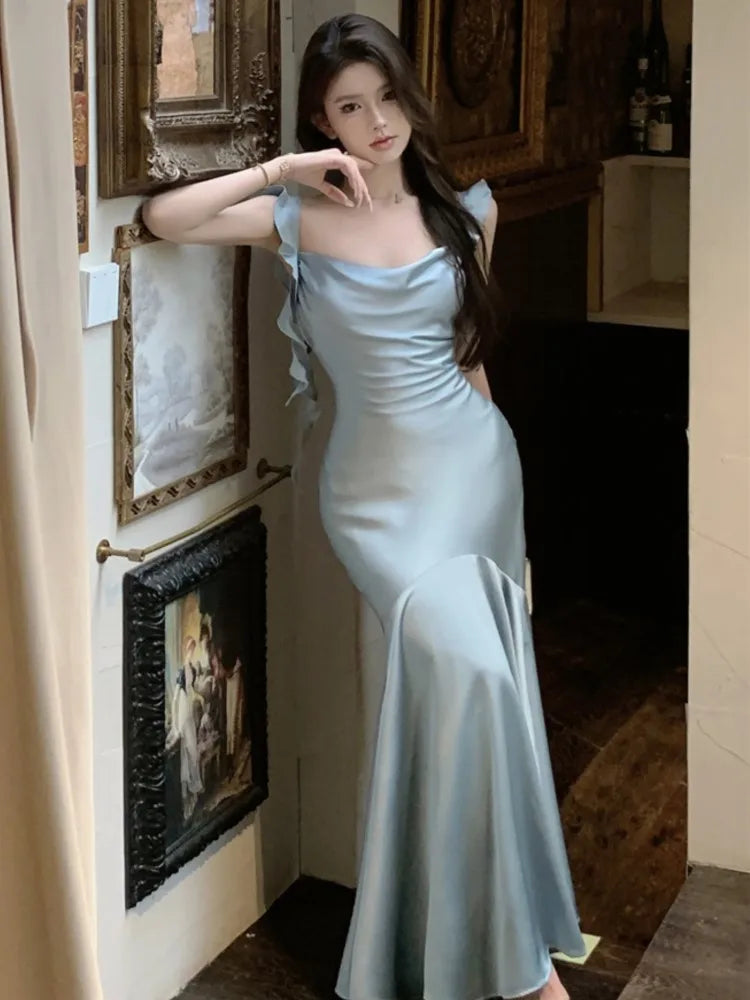 Summer Mermaid Dress Bodycon Spaghetti Strap Midi Maxi Dresses Lady Stain Party Square Neck New Robe
