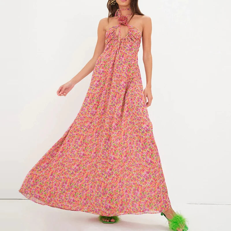 Cross Halter Rose Design Maxi Dress Spring Print Long Party Dress Summer Backless Hollow Holidays Dresses