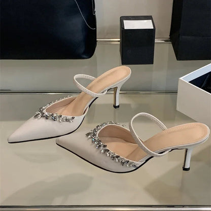 Spring Summer Pointed Toe Slippers Crystal Thin Heels Party Dress Mule Shoes